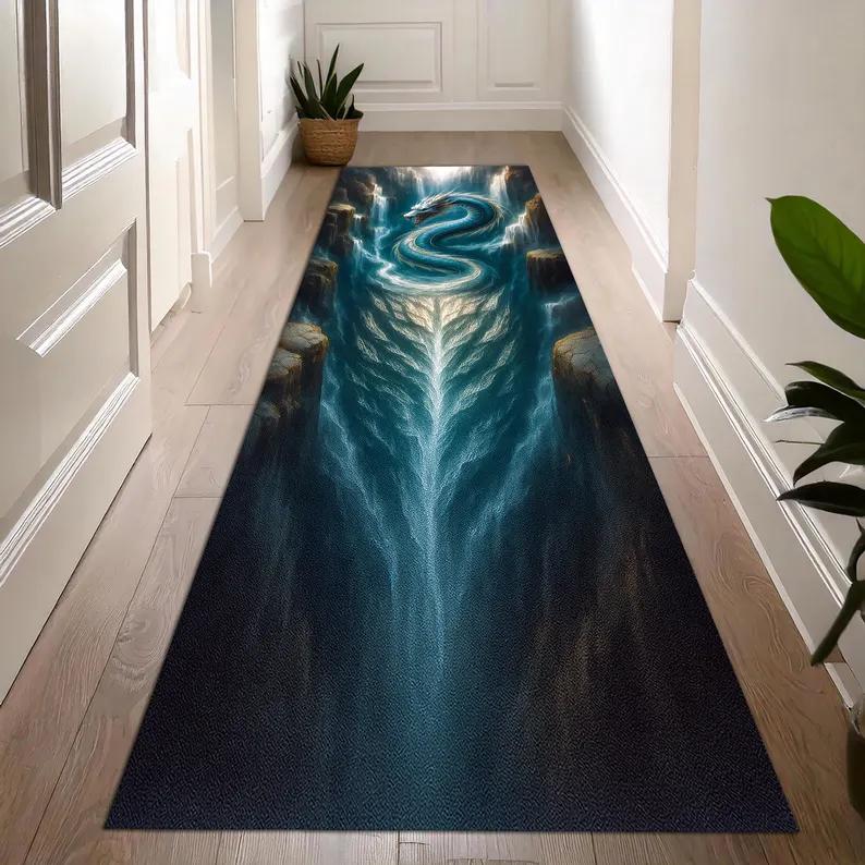 3D Wasserfluss Teppichmatte Rutschfester Teppich Heimdekoration Leuchtender Strom Blaue Illusion Muster Bodenmatte für Flur Wohnzimmer