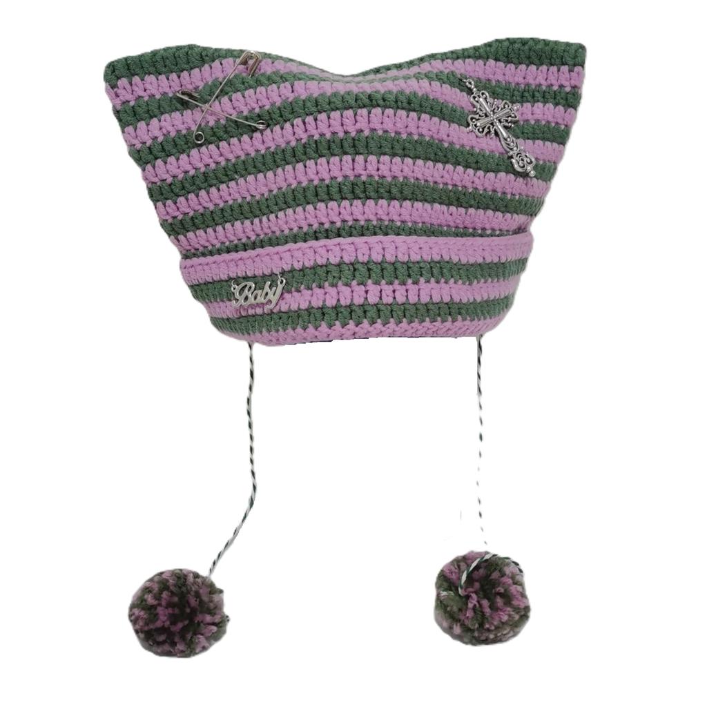 Teufelsgestreifte Strickmütze mit süßen Katzenohren und Kreuzverzierung für Frauen und Mädchen(54-56cm)
