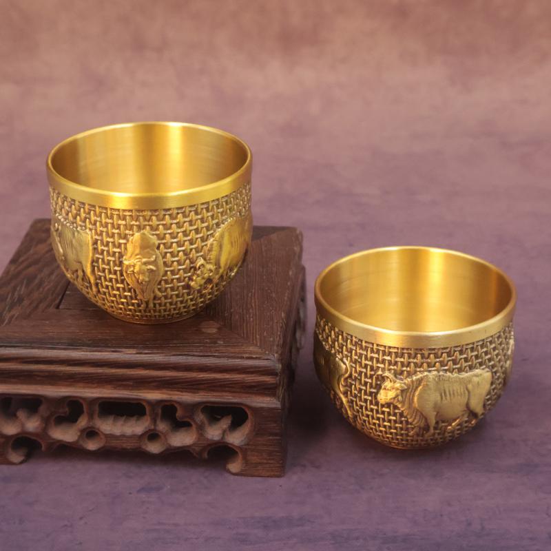 1Pcs Brass Fu Bowl Desktop Lucky Decor Hand Carved Brass Drinking Cup Treasure Bowl Metal Artifact Gifts