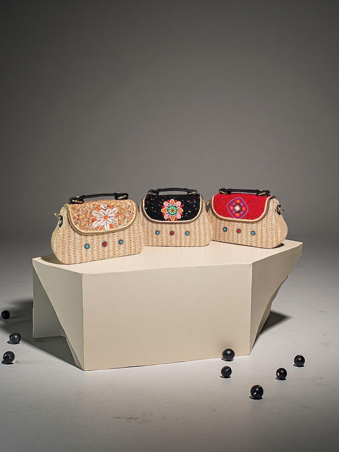 

Сумка через плечо из ротанга с бисером в стиле бохо, сумка на плечо с органайзером для необходимых вещей - легкий плетеный держатель для телефона и ключей для путешествий