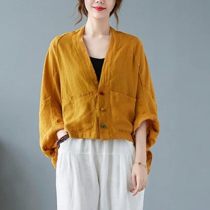 Giacche da Donna a Maniche Lunghe Stile Vintage Versatili Larghe Comode Cotone Lino Cappotti Casual da Donna