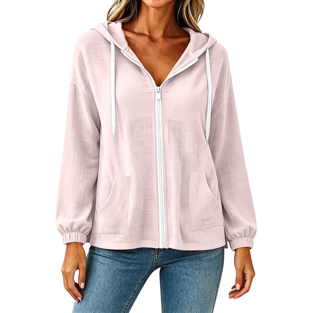 Women's Color Long Sleeve Hooded Zip-Up Jacket with Pockets for Casual Wear