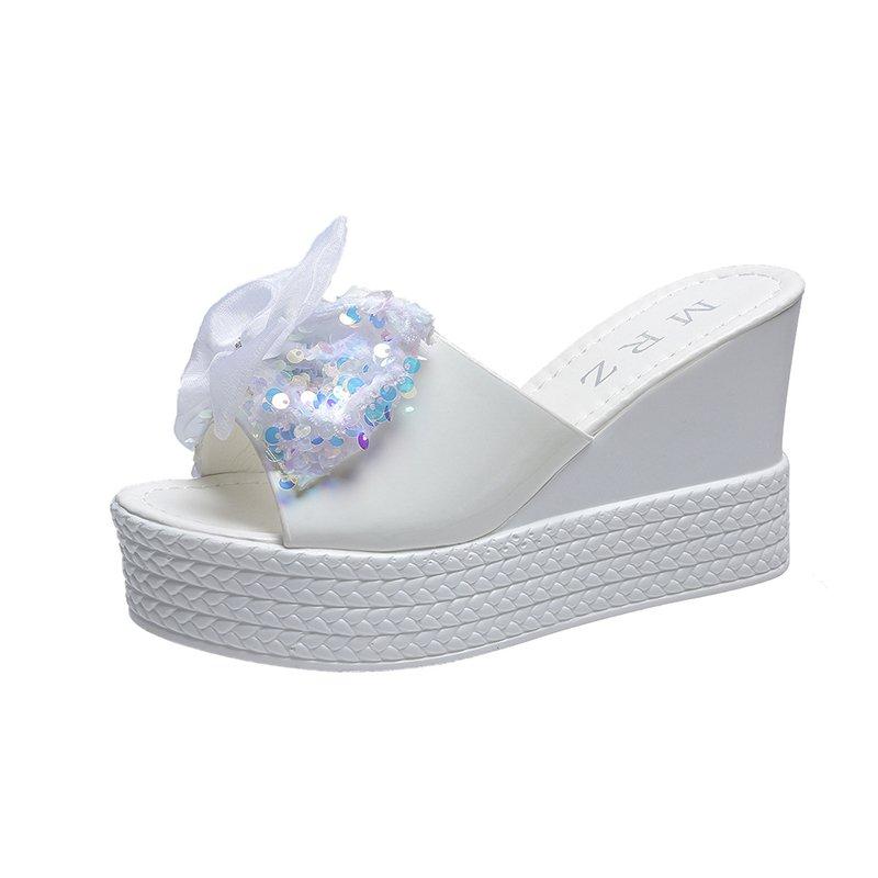 

Лето 2024 года, новый стиль, сексуальные босоножки на танкетке и платформе, женские модные женские тапочки на высоком каблуке, женские босоножки с рыбьим ртом 40 белый