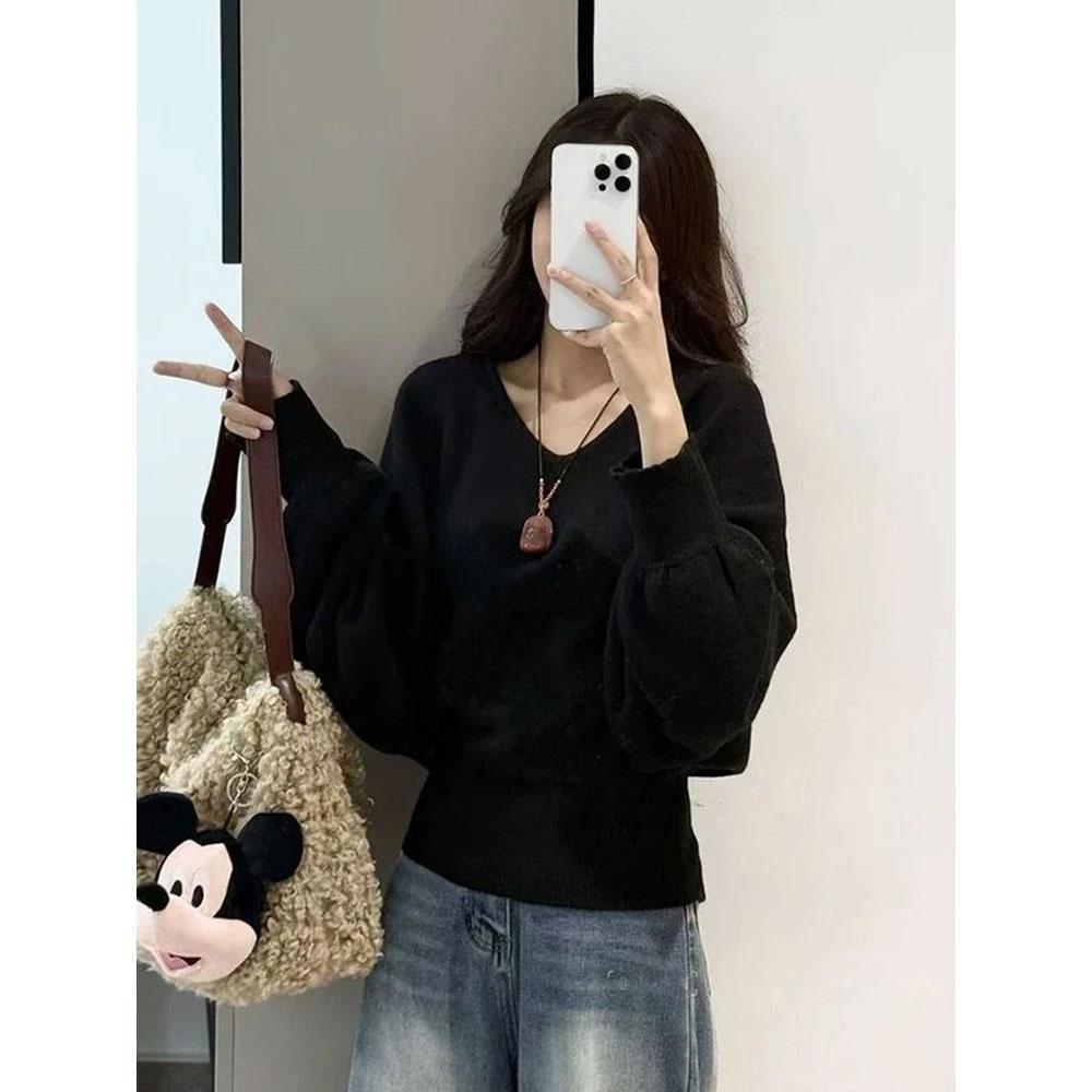 

Plus Size Korean Batwing Sleeve Knit Top for Women - Apricot, Tie-up Waist, Slimming Fit 3XL (Recommended 160-180 jin) чёрный