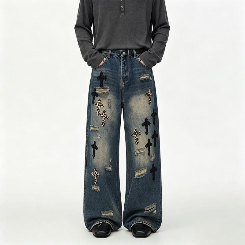 Mens Vintage Distressed Wide Leg Denim Jeans With Leopard Print Patchwork Raw Hem