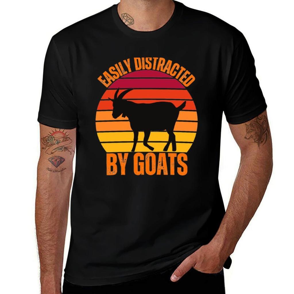 Easily Distracted By Goats Vintage Sunset TShirt Casual Soft Cotton Short Sleeve Tee