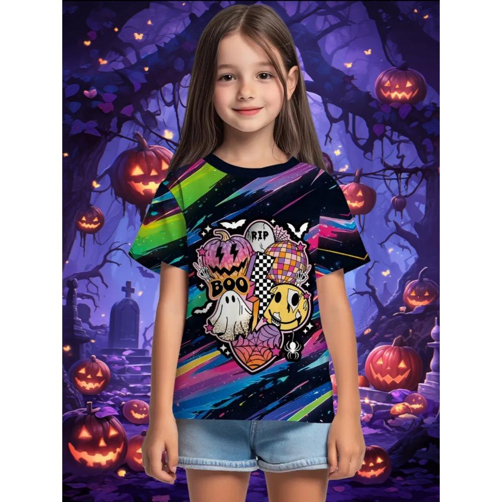 Girl Clothes Funny Pumpkin Graphic T Shirt Halloween Boys Girls Summer Short Sleeves T-Shirt 2-13y Halloween Gift Party T-Shirt