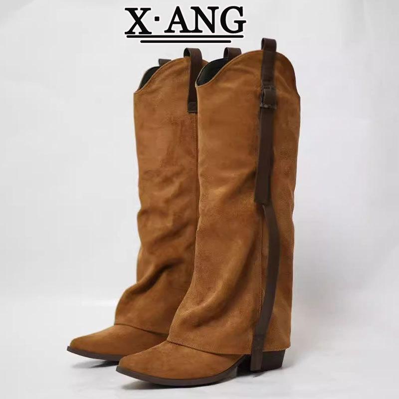 Cow Velvet Pointed Thick Heel Thin Trouser Boots Brown Knight Boots Knee High Boots Long Boots Western Cowboy Boots