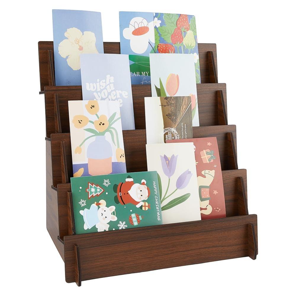 2/3/4 Tiers Greeting Card Display Stand Wooden Vertical Design Jewelry Storage Rack Multi-Functional Space Saving