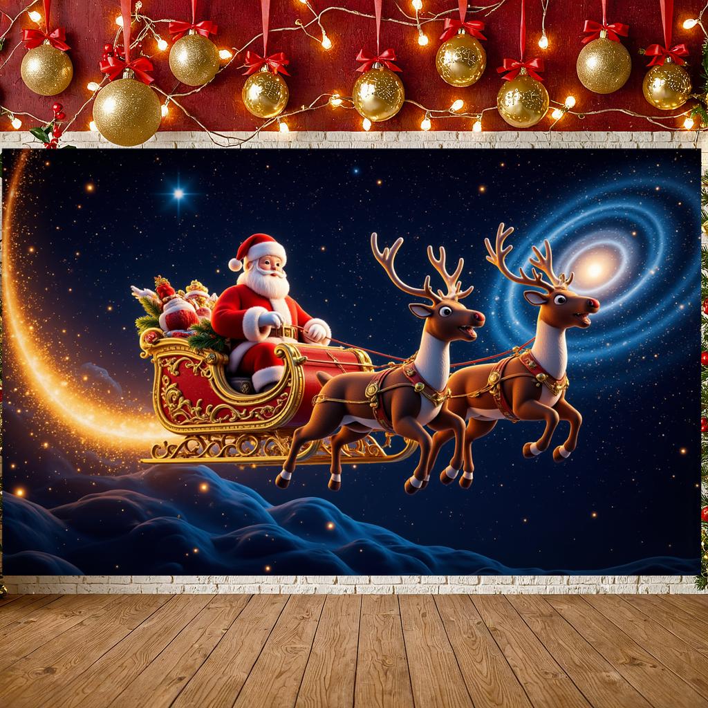 Santa Claus Display Shiny Elements Winter Display Reindeer Backdrop Festive Atmosphere Santa Sleigh Backdrop For Party Backdrop