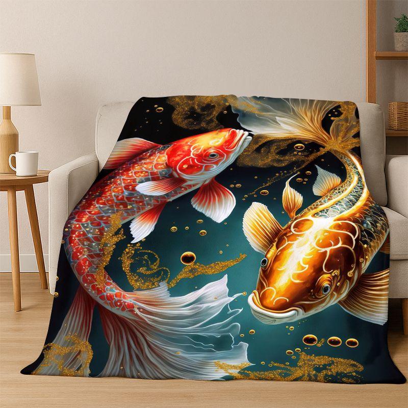 GOOD LUCK Koi Fish Yin Yang Carp Cartoon Flannel Blanket Soft Warm Throw Blanket for Bedroom Living Room Bed Travel Picnic Gift
