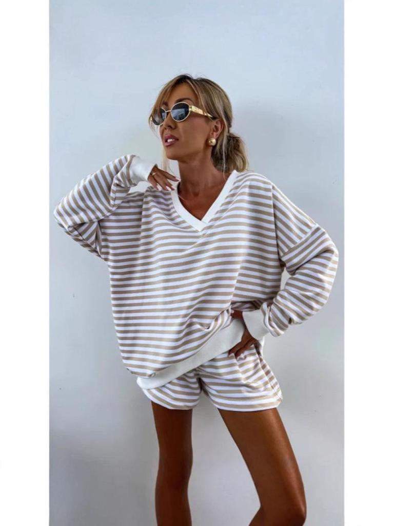 Summer Women's Striped V-Neck Top & Shorts 2-Piece Set