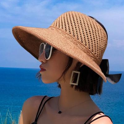 1pcs Women Summer Sun Hats Big Brim Bowknot Foldable Fashion Straw Hat Casual Outdoor Beach Cap UV Protected Hat