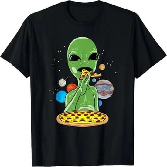 Funny Alien Eating Pizza Space Cartoon Cute Graphic T-shirt 3XL