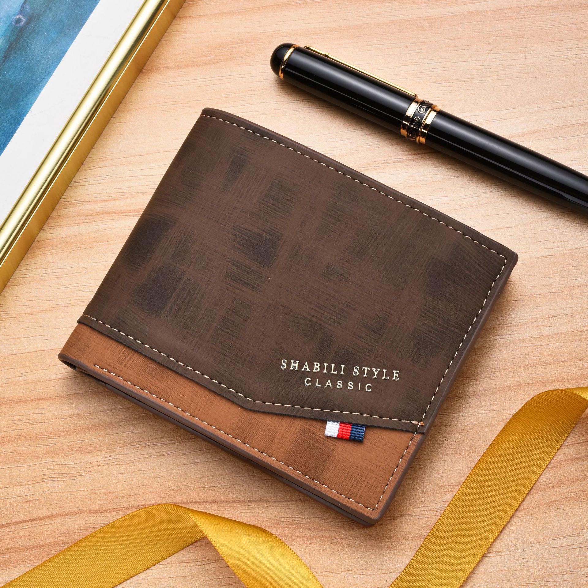 

Мужской кошелек из мягкой кожи, короткий, с множеством отделений для карт и тонким отделением для монет - Плетеный молодежный трендовый дизайн