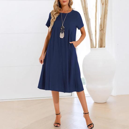 Dámské šaty Kulatý výstřih Krátký rukáv Ke kolenům Jednobarevné šaty s kapsami Volný střih Letní šaty