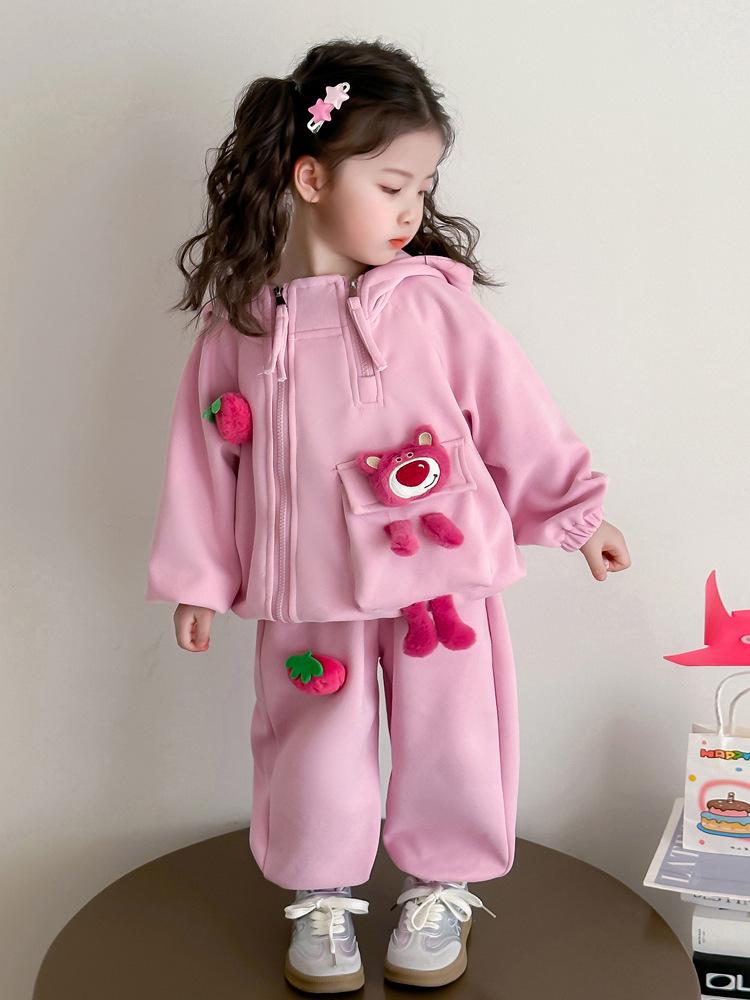 Strawberry Bear Kuromi Trendig tvådelad huvtröja för flickor - Vår/Höst 2025