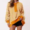 Women's Fashion Striped Round Neck Long Sleeve Button Top Color Blocked  Pullover Sweatshirt Top