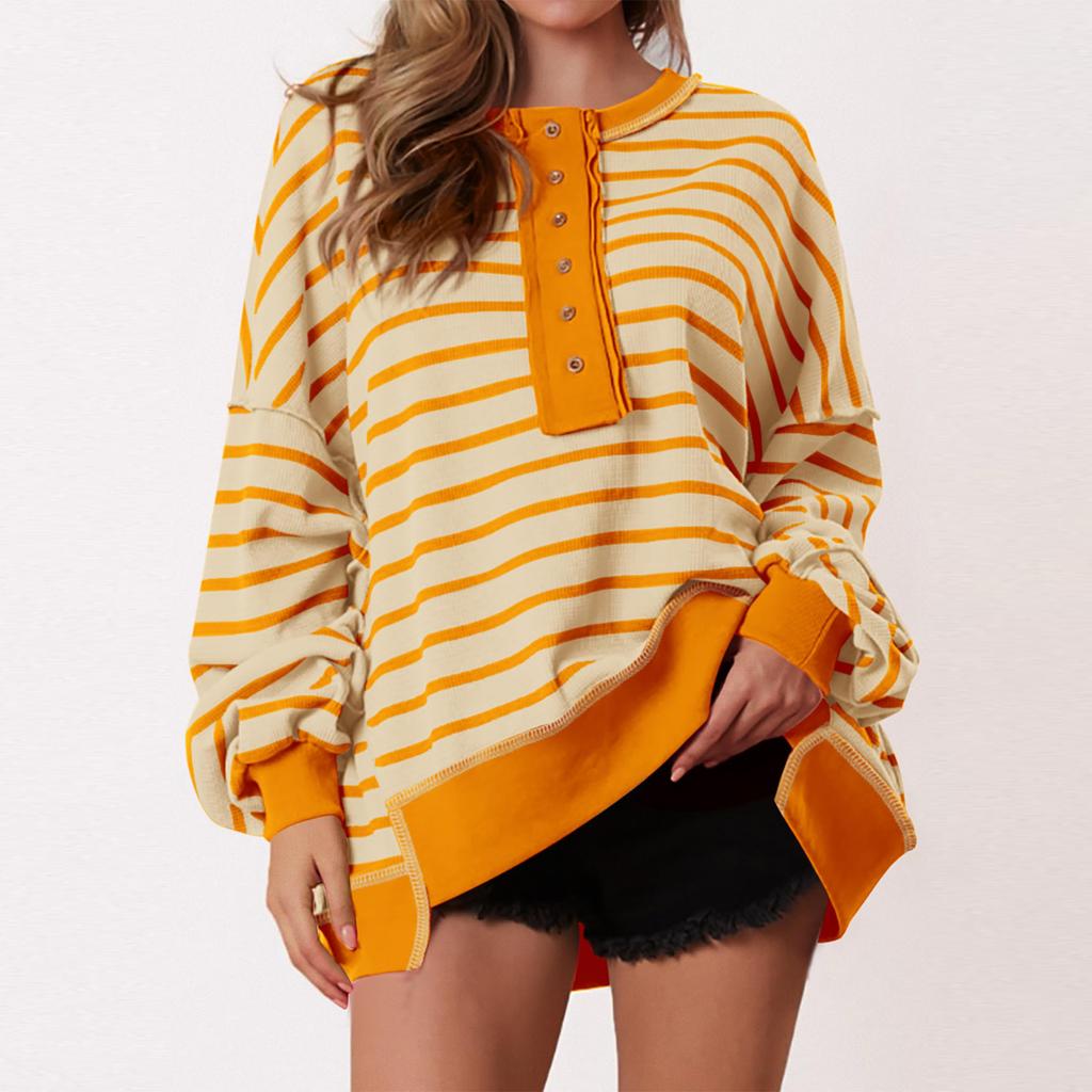 Women's Fashion Striped Round Neck Long Sleeve Button Top Color Blocked  Pullover Sweatshirt Top