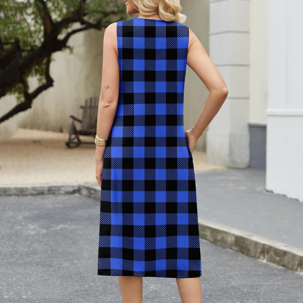 Women's fashion casual sleeveless button plaid print dress with pocket