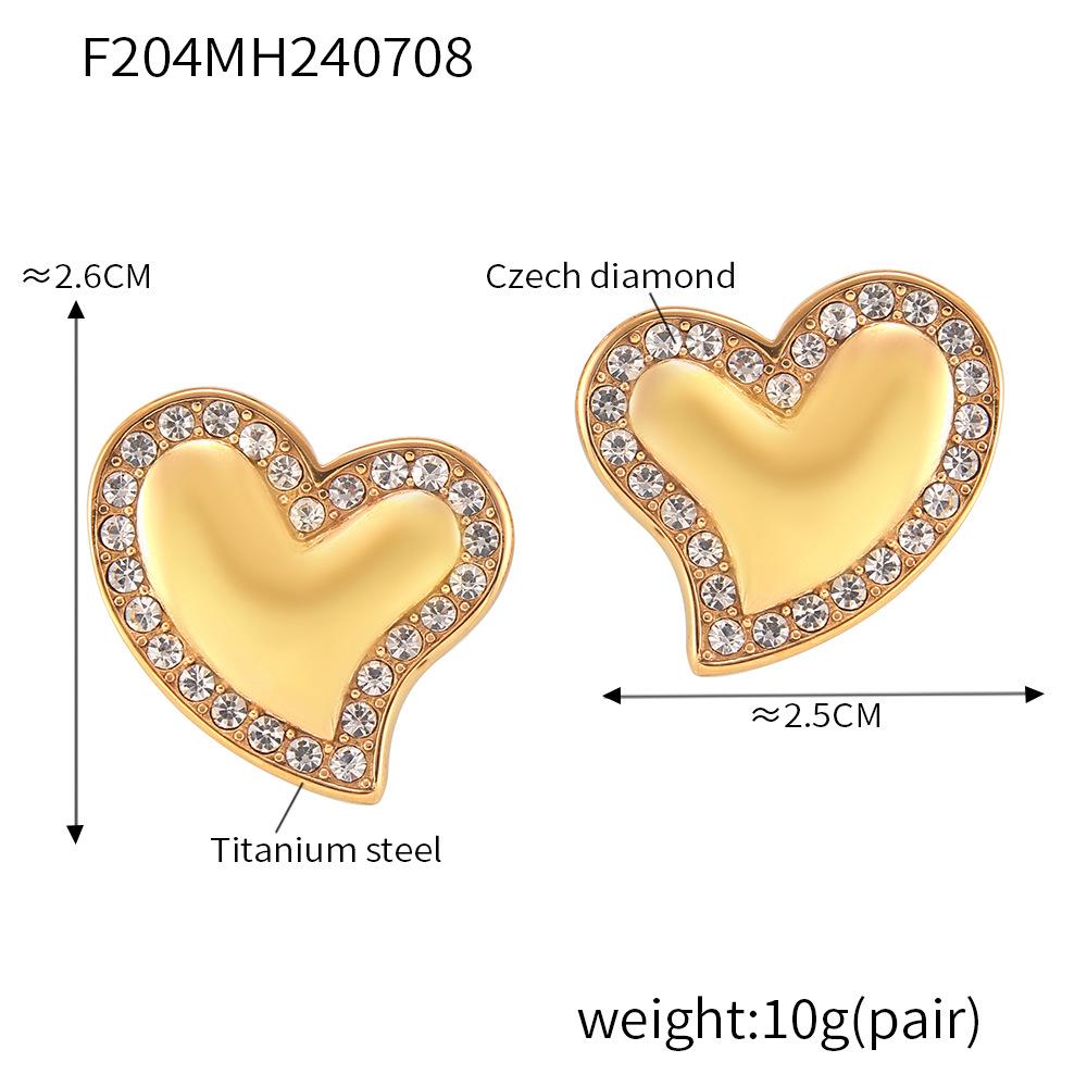 European & American Gold-Plated Titanium Heart Stud Earrings with Diamonds - Women's Fashion Jewelry