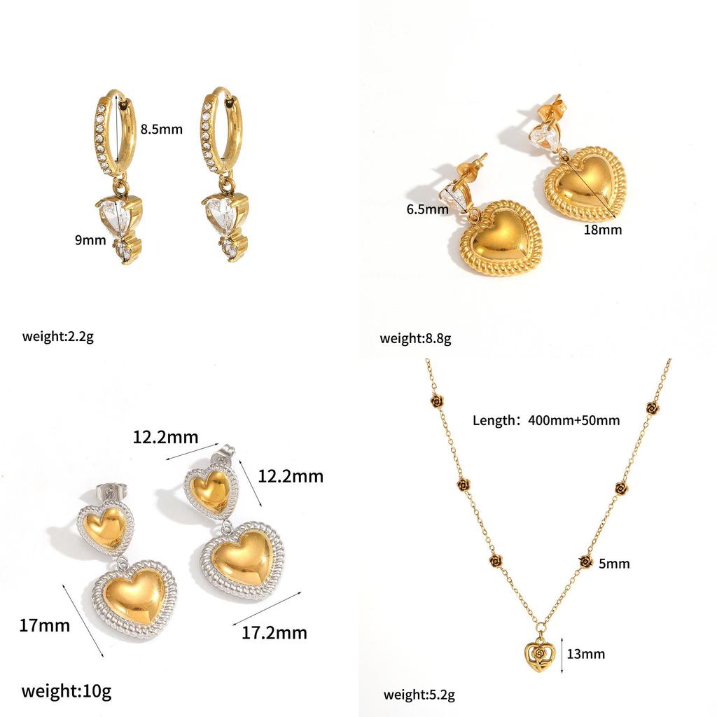 Stainless Steel Heart Layered Earring Set With Geometric Pendant For Women