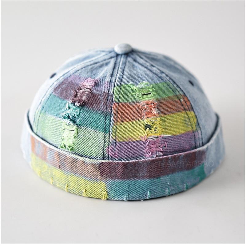 Vintage Painted Rainbow Denim Docker Cap Unisex Distressed Ripped Brimless Hat for Women Men Daily Outdoor Streetwear
