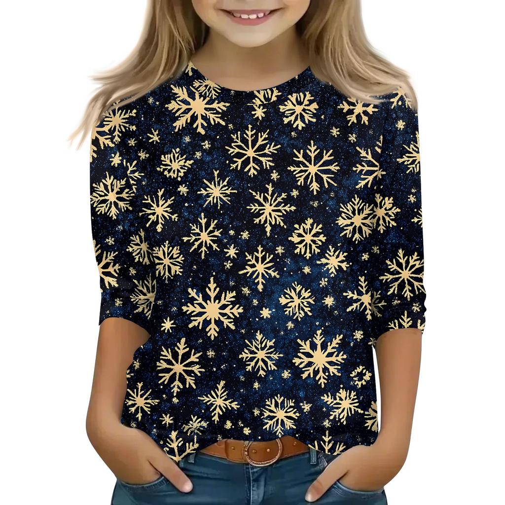 Children's 3/4 Sleeve Tops Casual Christmas Print T Shirt Round Neck Pullover Blouse