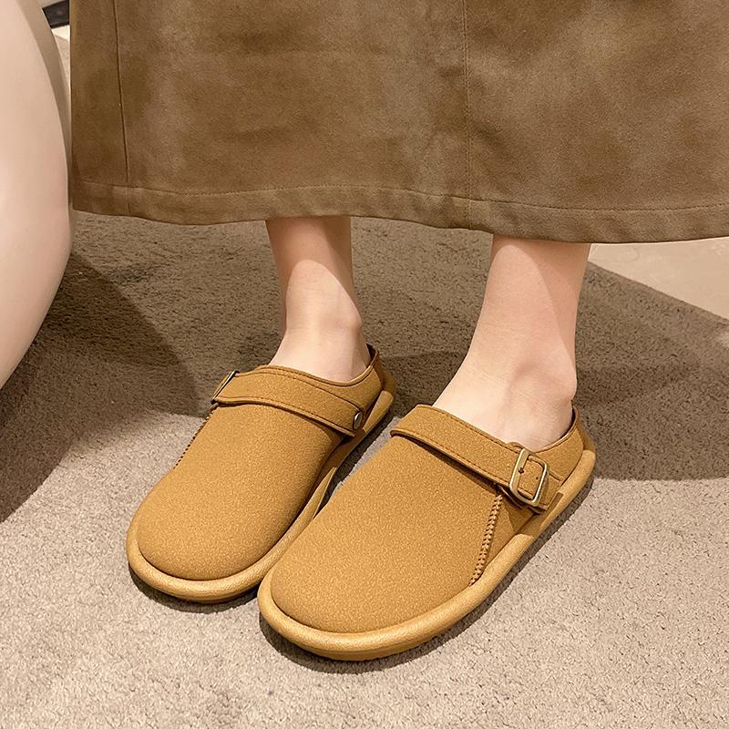 

New Spring Baotou Slippers Round Toe Deep Mouth Versatile Matte Dependent Metal Buckle Soft Sole Slip-on Flat Shoes 36