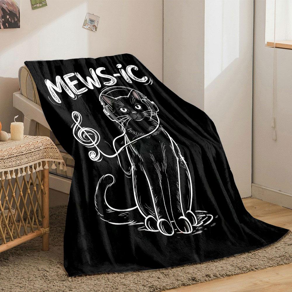 A black cat with headphones and a treble clef-shaped cable, labeled "MEWS-IC". for all seasons blanket lunch break throw gift