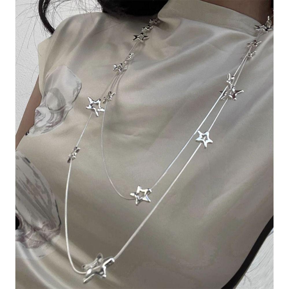 Pentagram Star Long Chain Simple Necklace Metal Five-pointed Sweater Steel Chain Jewelry for Women Girls