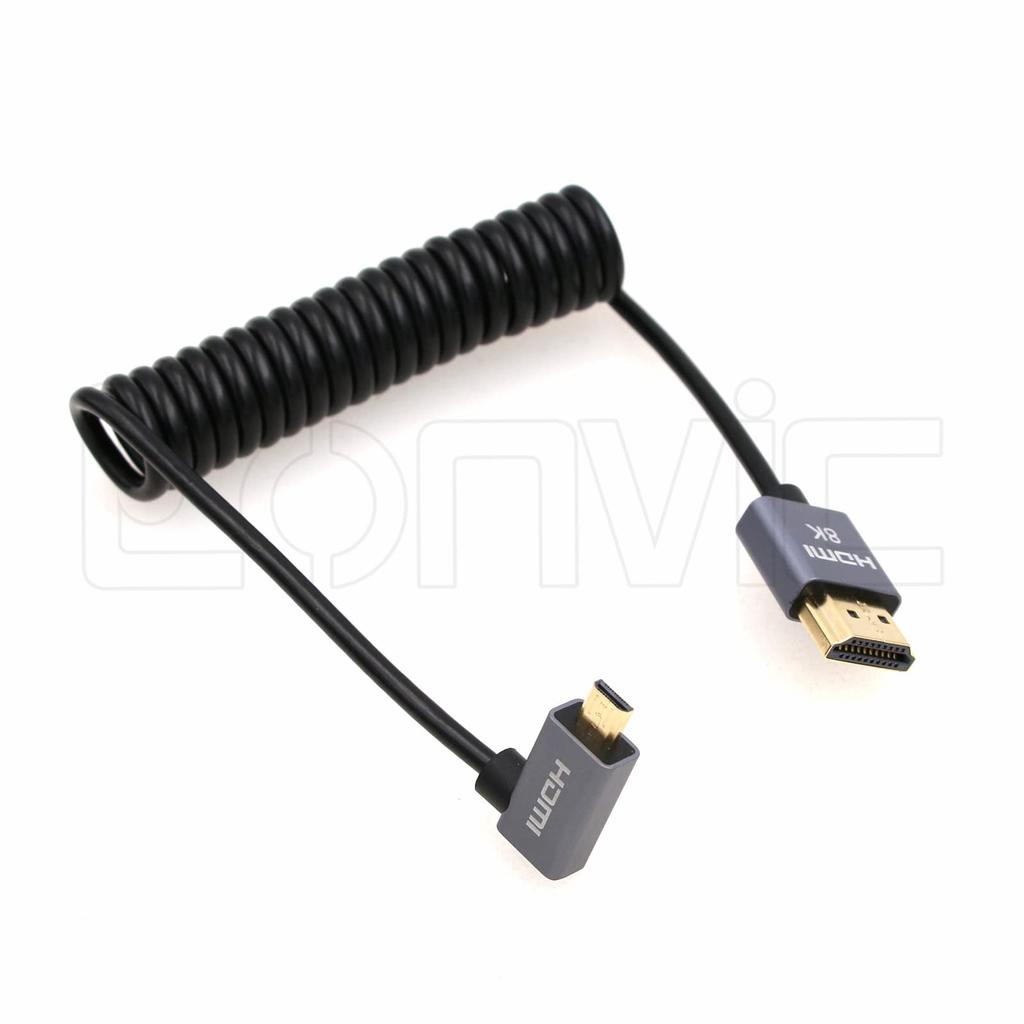 Eonvic 8K HDMI to Micro HDMI Right Angle High Speed 48Gbps Coiled Cable for Atomos Ninja 48Gbps Canon and R6 2.1 Cable, V, 4K-60P Recording, HDMI,