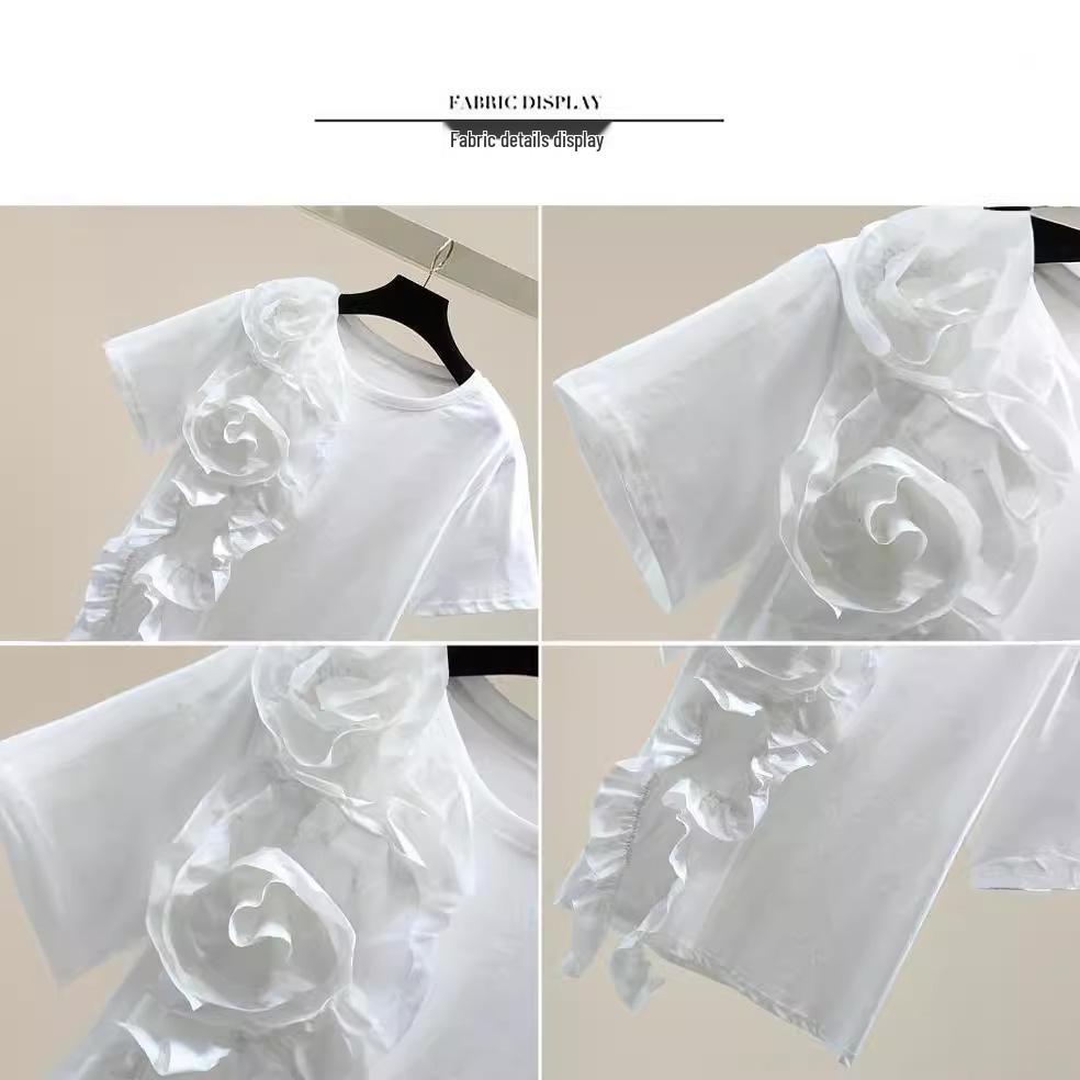 2023 Summer Women's Loose Slimming 3D Floral Patchwork Frilly Top