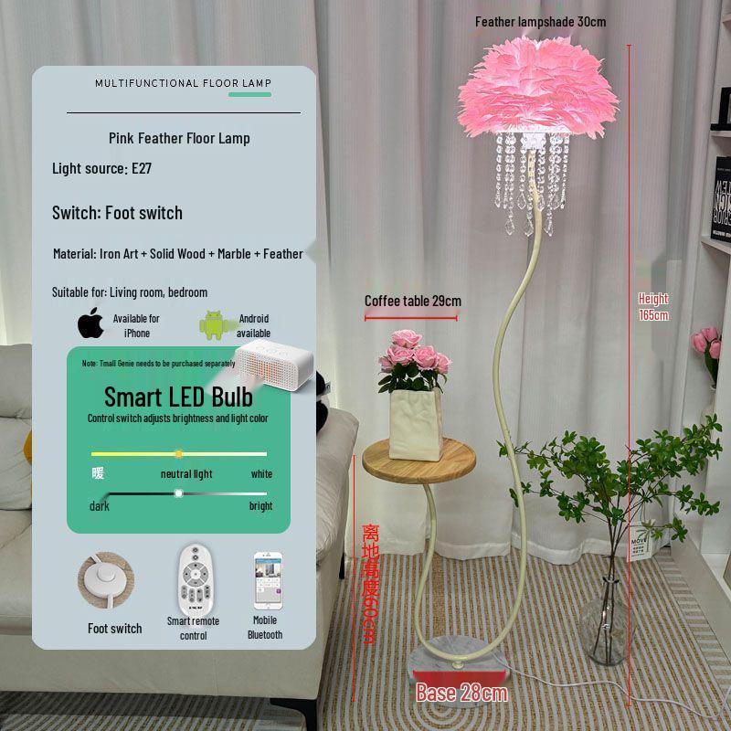 Elegant Crystal Feather Floor Lamp with Side Table Storage - Perfect for Living Room or Bedroom