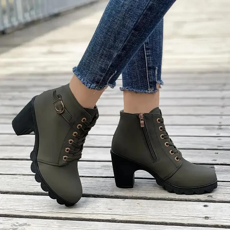 Fashion Ladies Short Boots Women Pumps Boots High Quality Lace-up European Ladies High Heels Ankle Boots Fashion Womens Shoes Large Size