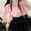 Sleeveless Blouse with Cute Ribbon and Ruffle Lolita Neat and Girly Lightweight Chiffon Pink [XHSUKADO] Women's Cape-Style Stand-Up Collar, Lace,