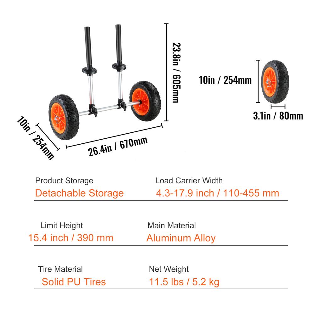 SucceBuy 280lbs Kayak Trailer Cart Detachable Canoe Trolley Cart with 10'' Solid Tires & Adjustable Width for Boat Accessories