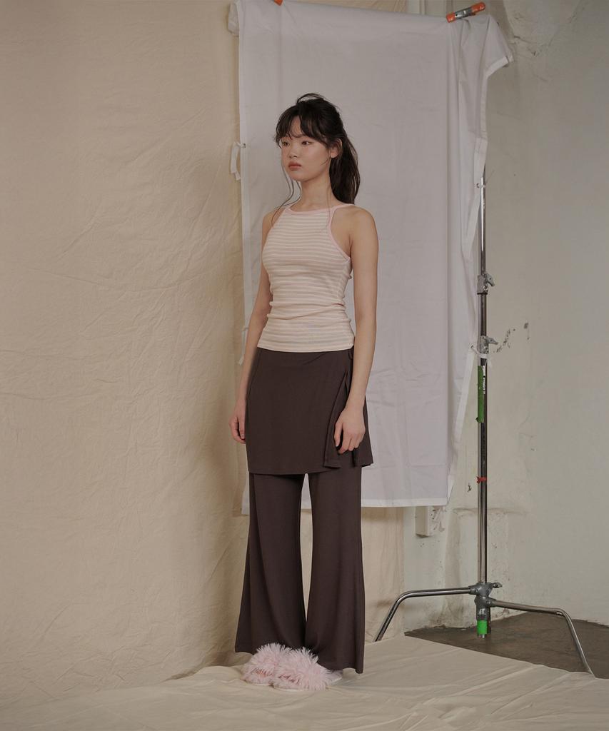 Okkitteu Layered Wrap Skirt Pants Brown
