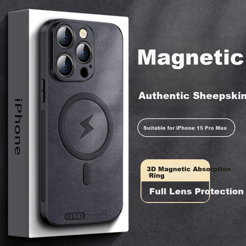 iPhone 15 Pro Max Case, Apple 15 Pro Max with Anti-drop, Full Coverage Lens, Magnetic Absorption, Simple and Light Luxury Leather in Black
