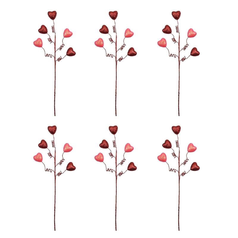 6Pieces Heart Stem Picks Love Heart Artificial Flower Ornaments for Valentine's Day And Wedding Decorations