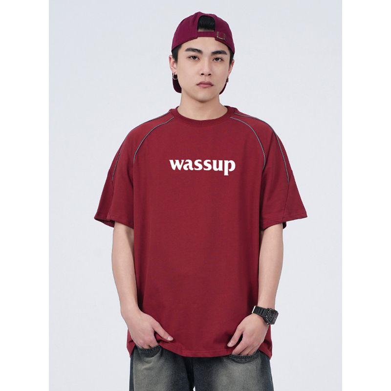 Wassup Trendy American Retro Red Letter T-Shirt Short-Sleeved Men's Summer Heavyweight Pure Cotton Round Neck Half-Sleeved Top
