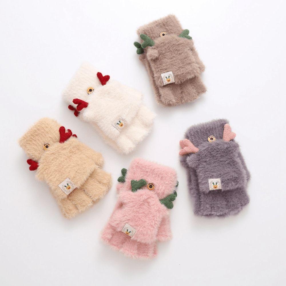 Velvet Women Elastic Antlers Christmas Wool Mittens Half-finger Gloves Female Gloves Flip Mittens
