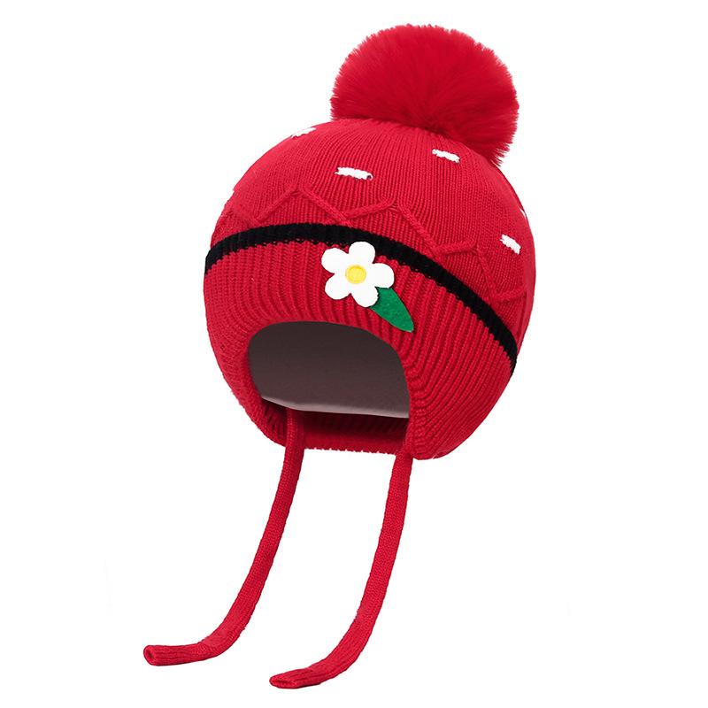 Bonnet en laine résistant au froid pour enfants, automne hiver, fille, épais et chaud, protection des oreilles, fleur, boule de cheveux, bonnet tricoté