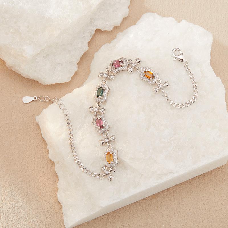 Natürliches Turmalinarmband Damen S925 Sterlingsilber Süßigkeitenfarbe Schatzarmband Ohrringe