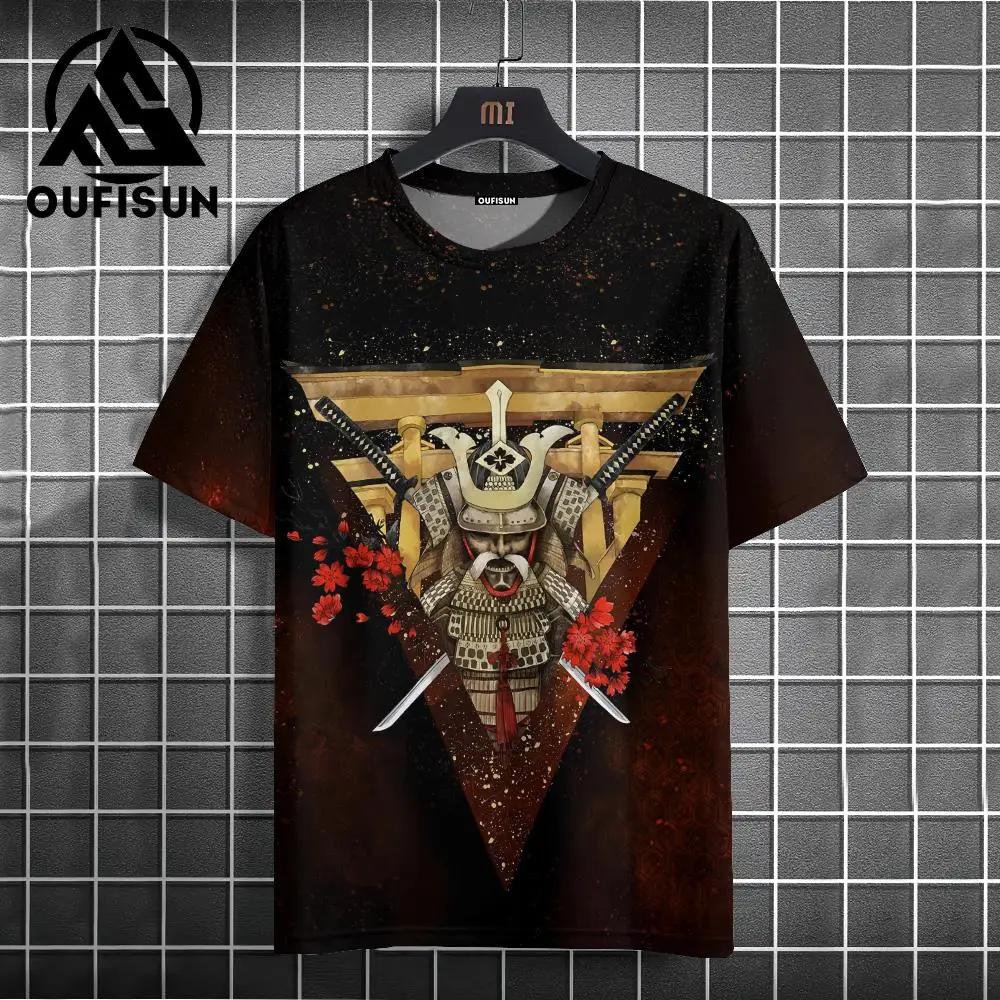 T-shirt för män i japansk stil med tryckt krigarmönster, avslappnade lössittande kortärmade t-shirts, överdimensionerade herrkläder, toppar, sommar