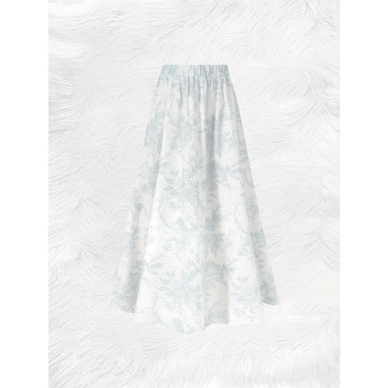 Printed Design Light Blue Sketch Floral Print All-Season Women's Maxi Skirt, Casual Elastic Waist A-Line Half Skirt