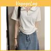 Polo Shortsleeve Womens Zipper Top Drawstring Ruched Casual Tshirt
