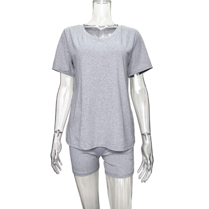 Women V Neck Short Sleeve Solid Color Casual Summer Two Piece Outfit Set