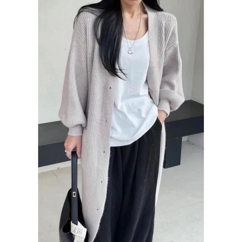 Autumn new solid color loose lazy wind pocket knitted cardigan long casual sweater jacket women