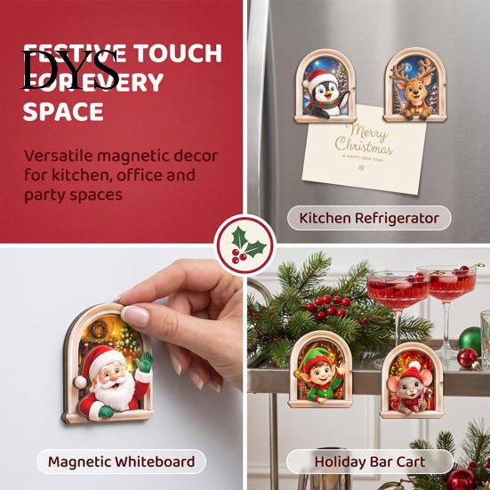 Holiday Party Home Decor Arch Wooden Christmas Fridge Magnet Set, Window Frame Refrigerator Decorative Magnets Magnetic for Metal Surface, Festive